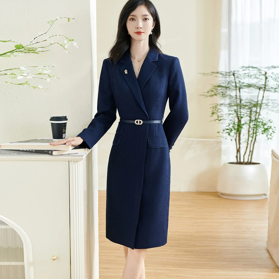 米思阳欧若智性风气质温柔西装连衣裙华夫格收腰裙子女5Q24AL0007