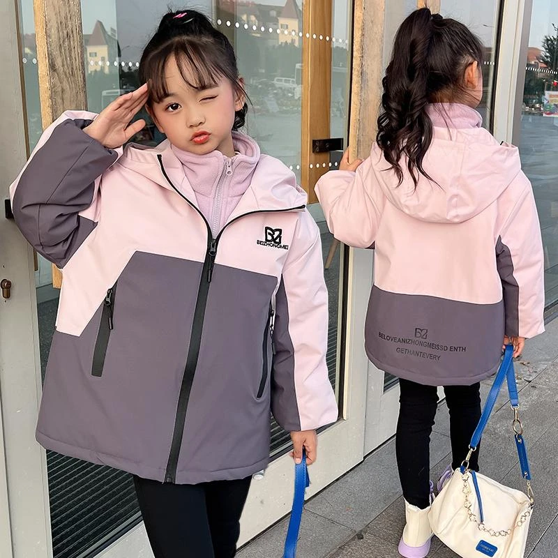 女童秋冬拼色派克服中大童女孩加绒加厚外套休闲冲锋衣连帽棉衣潮