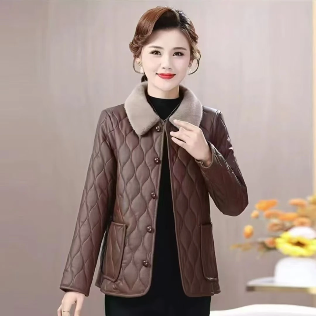 冬装PU皮棉衣中年妈妈短款加绒加厚小棉袄洋气女装棉服外套时尚