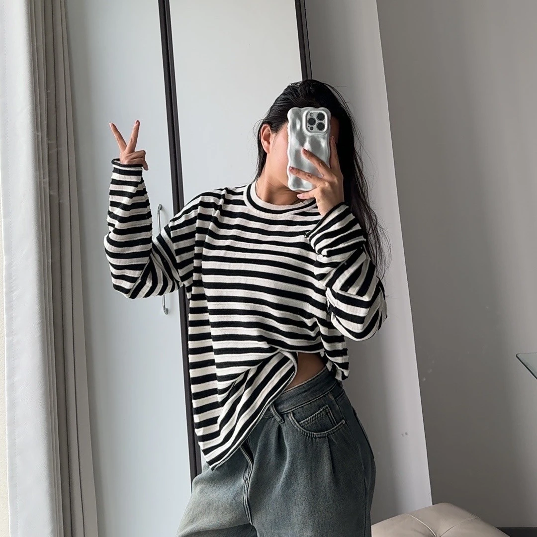 AJS-秋冬羊毛混纺宽松条纹针织衫套头罩衫女装毛衣上衣