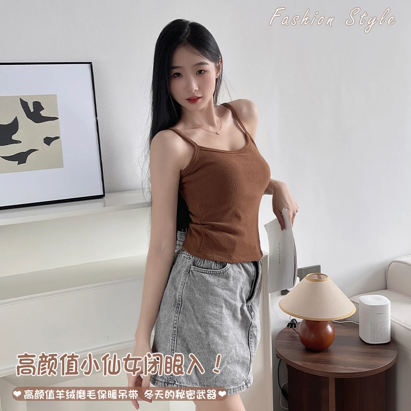 秋冬新款加绒加厚发热保暖吊带 带胸垫内搭外穿磨毛打底保暖背心