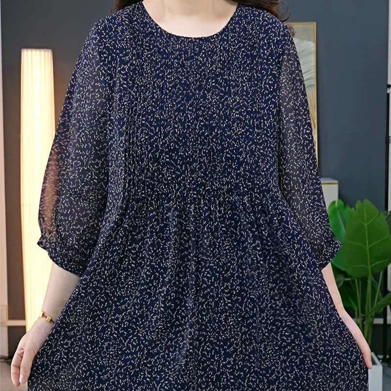 春秋季款大码女装清凉花色短袖气质圆领显瘦遮腰连衣裙0087