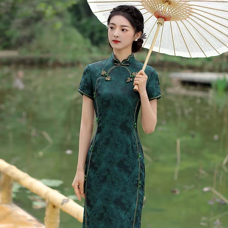 8035【莫兰花领】衣长130双层长款旗袍气质国风