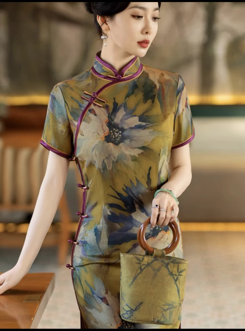 8221【太阳花】双层长款日常时尚中国风旗袍