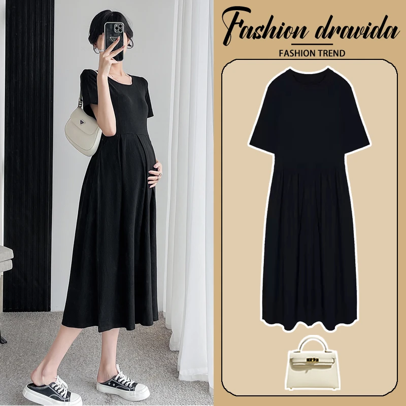 孕妇夏装连衣裙夏款褶皱时尚小个子收腰修身显瘦过膝黑色a字裙子