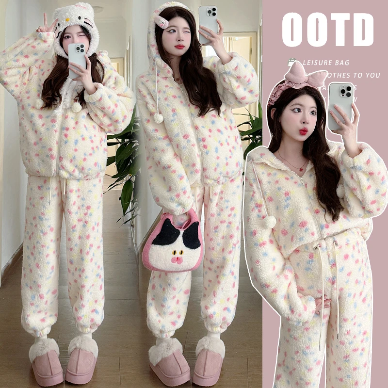 孕妇秋冬时尚韩版家居服睡衣彩虹波点印花保暖宽松珊瑚绒连帽套装