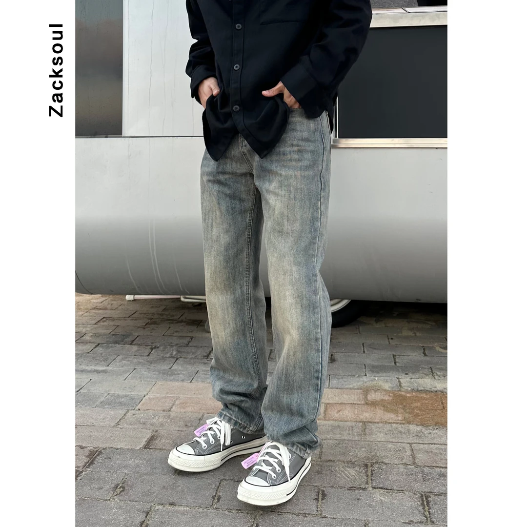 Zack校长 竹节棉竖纹质感直筒牛仔裤宽松水洗百搭高街复古休闲男