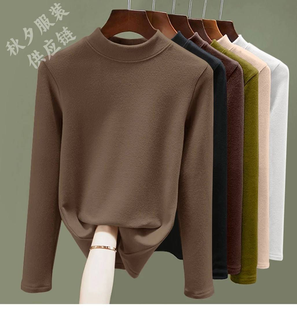 气质女装螺纹德绒半高领打底衫秋冬季内搭长袖t恤妈妈装修身上衣