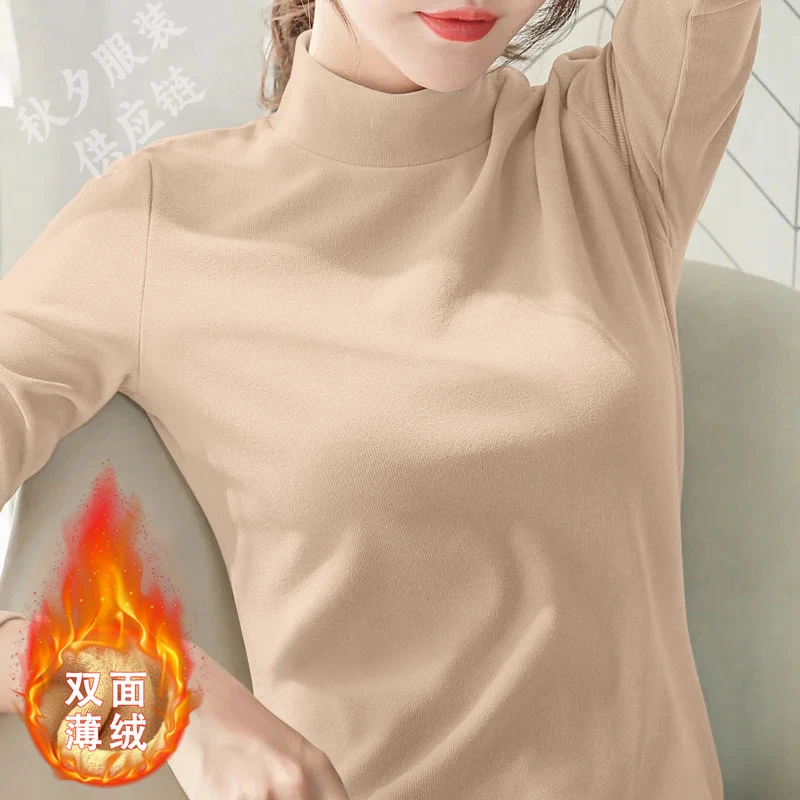 加绒螺纹长袖t恤半高领打底衫女秋冬内搭洋气修身显瘦百搭上衣服