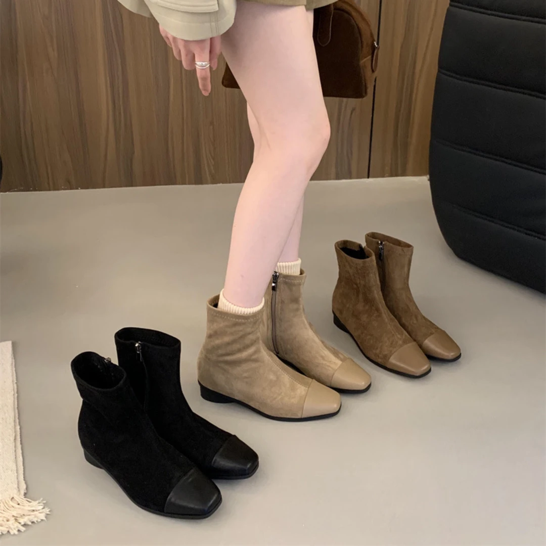 复古绒面拼接弹力瘦瘦靴女法式单靴2025年秋冬方头平底短靴女裸靴