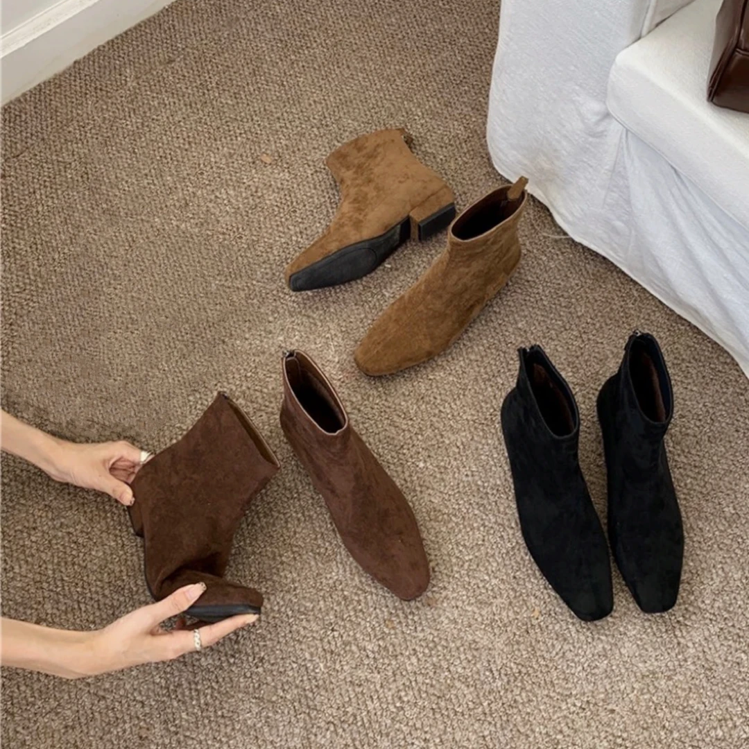 高级感粗跟绒面法式小踝靴方头瘦瘦短靴女鞋秋冬新款加绒马丁靴子