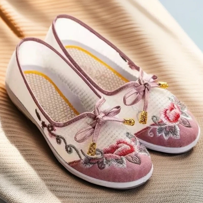 夏季老年浅口软底复古平底民族风汉服绣花鞋老北京布鞋古风妈妈鞋