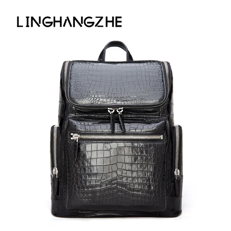 LINGHANGZHE/领航者鳄鱼皮男士双肩背包大容量旅行户外高档时尚