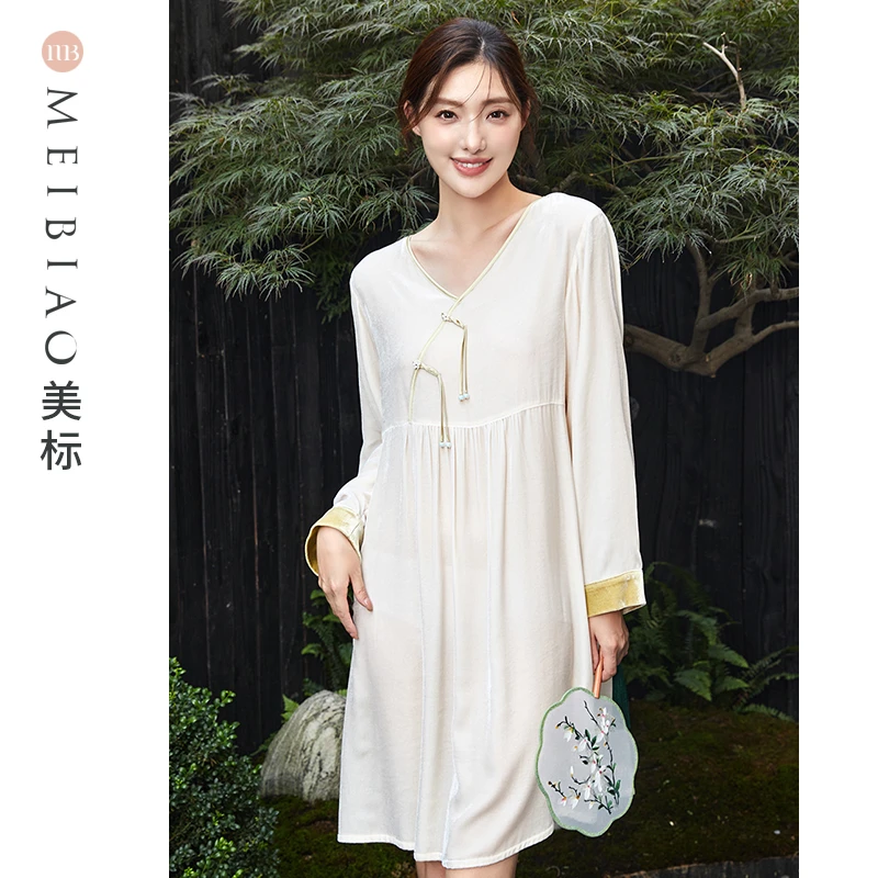 美标100%桑蚕丝真丝绒长袖白色中式古风女士睡裙连衣裙100135