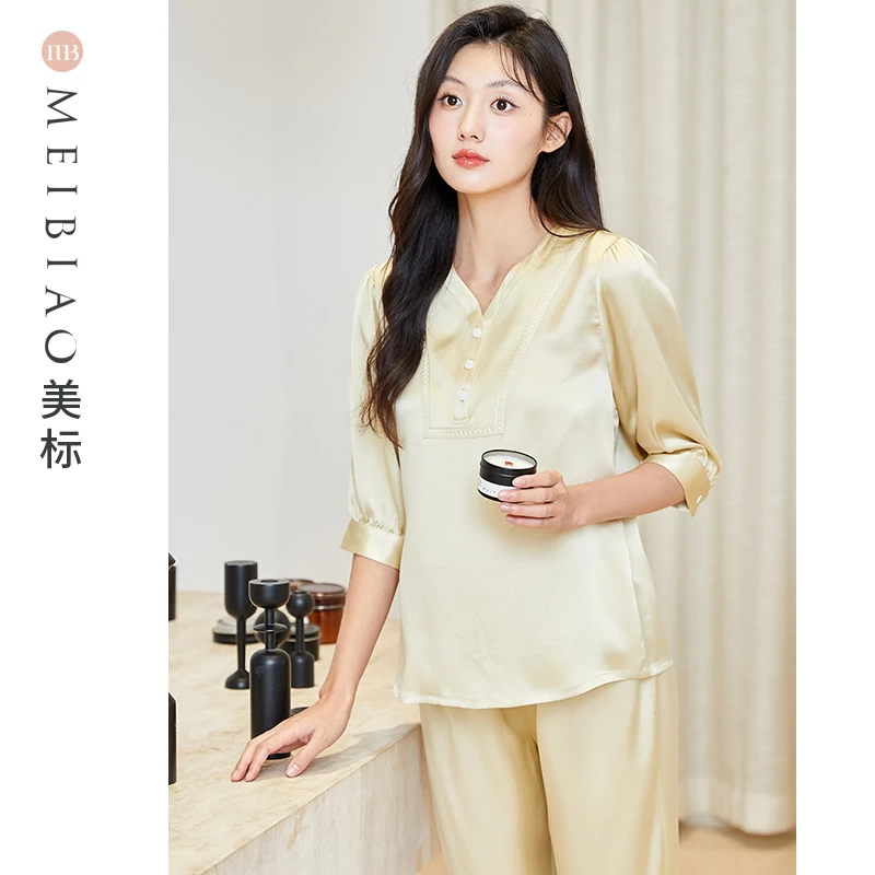 100%桑蚕丝透气舒适女士时尚休闲宽松套装家居服100108