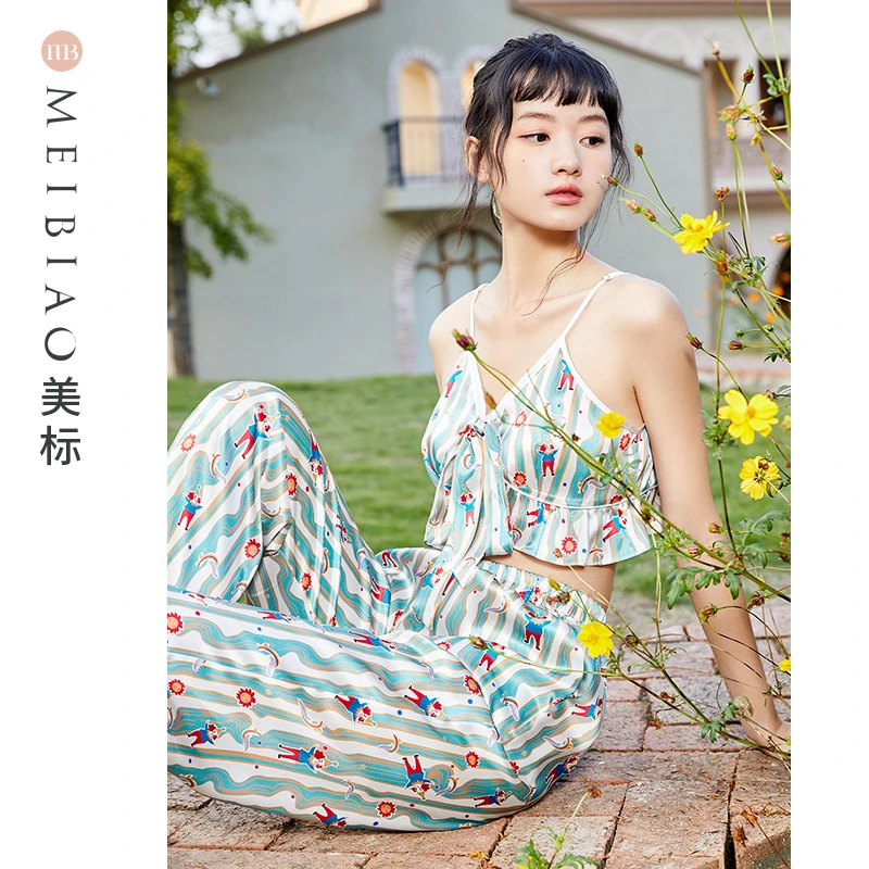 【美标年中大清仓】夏季100%桑蚕丝吊带裤子两件套100103