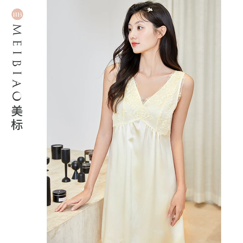 美标100%桑蚕丝真丝19姆米无袖吊带睡裙女士春夏水溶蕾丝ZB100097