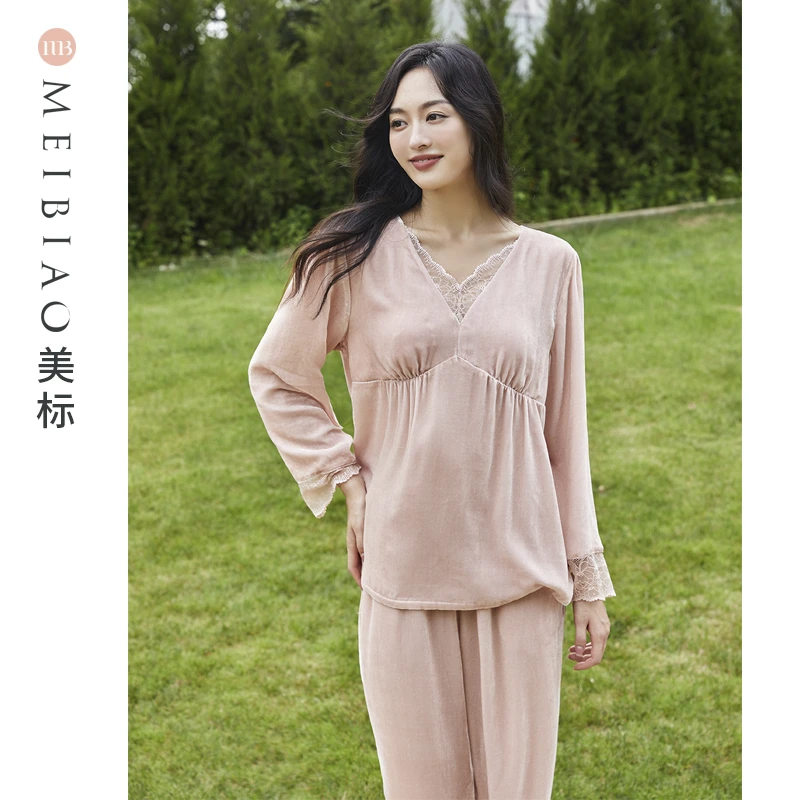 美标100%桑蚕丝胸垫绒春秋季长袖舒适套装家居服100149