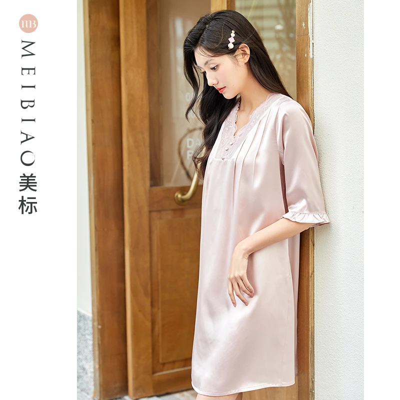 美标夏季100%桑蚕丝重磅女士七分袖睡裙蕾丝花边睡衣家居服100030