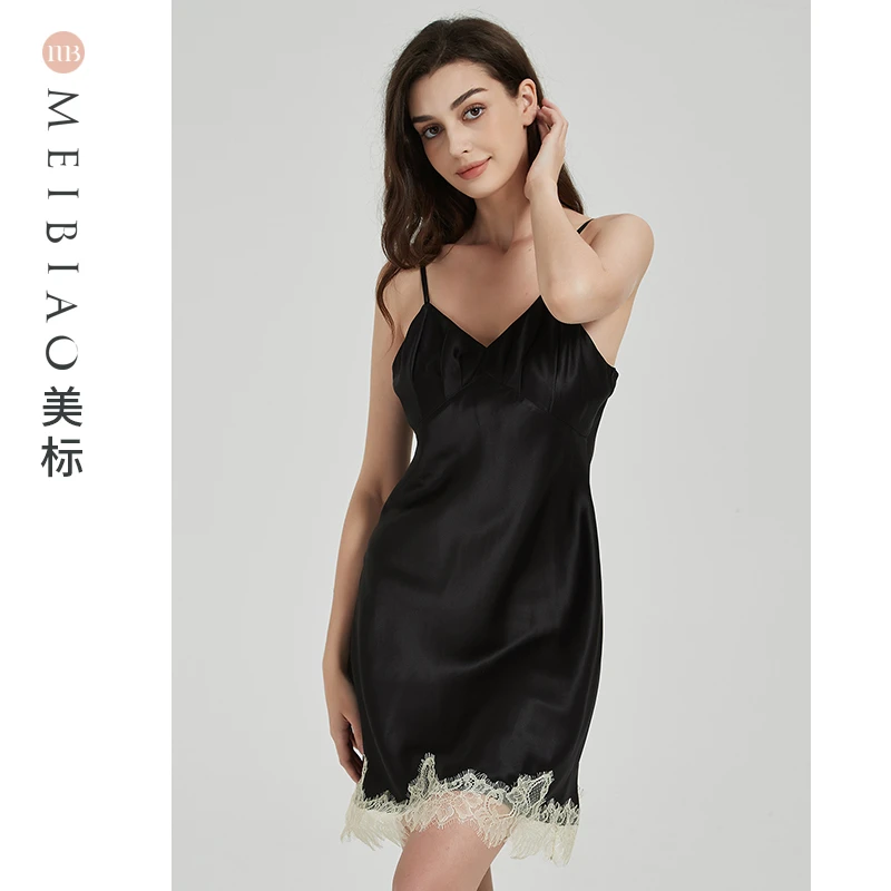美标性感蕾丝100桑蚕丝吊带睡裙女士显瘦薄款气质奢华纯色100129