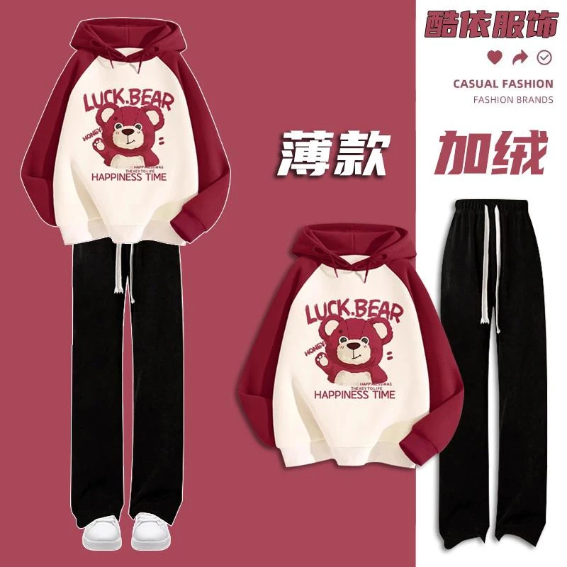 巴布豆女童秋冬季新款套装中大童初中女学生春秋装连帽卫衣加绒运