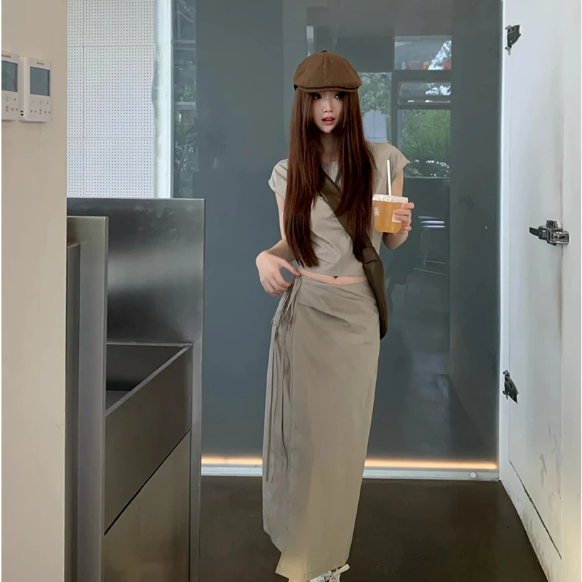 佐佐家小个子 绑带休闲套装女夏季无袖上衣不规则高腰半裙两件套