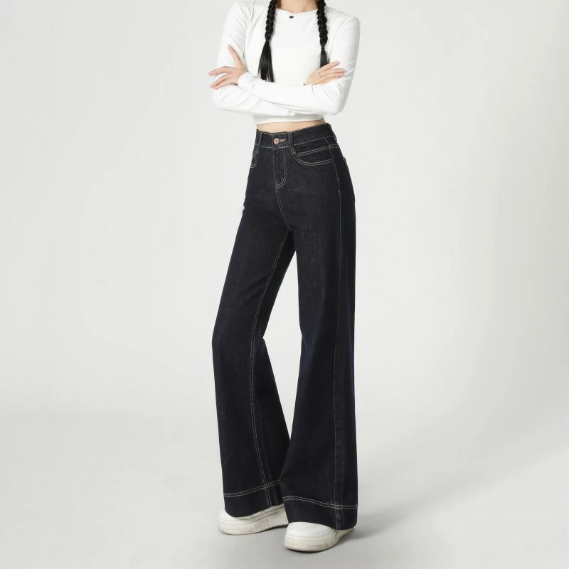 【长裤系列】暗.丹宁蓝水洗高腰直筒百搭宽松牛仔裤阔腿裤小个子