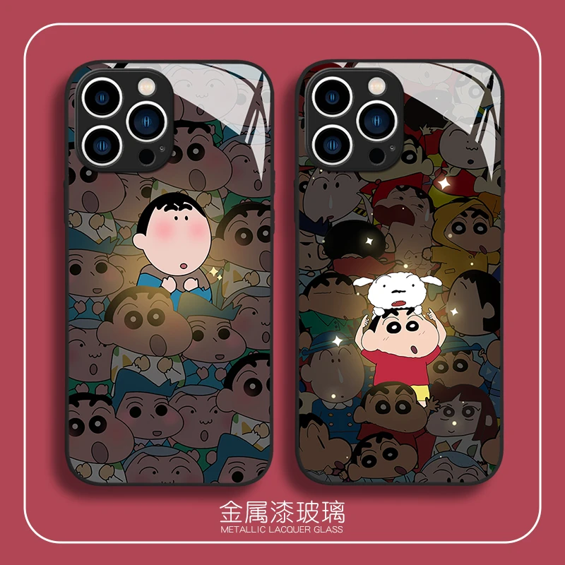 黑边发光小新托小白苹果14手机壳iPhone13金属玻璃壳12华为11小米