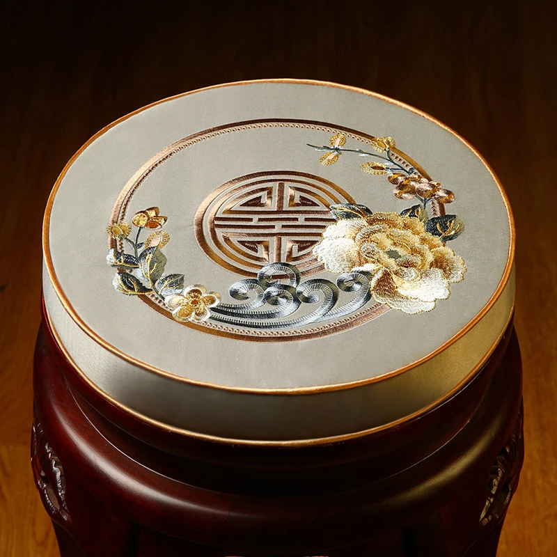 花想容【缎面】新中式鼓凳垫红木椅子圆型坐垫藤椅防滑圈椅垫定制