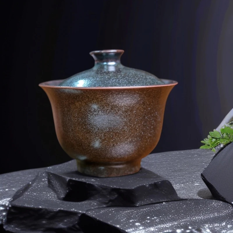 【多彩福白】龙泉青瓷大师乌金手工刻花三才 赤精 结晶釉元宝盖碗