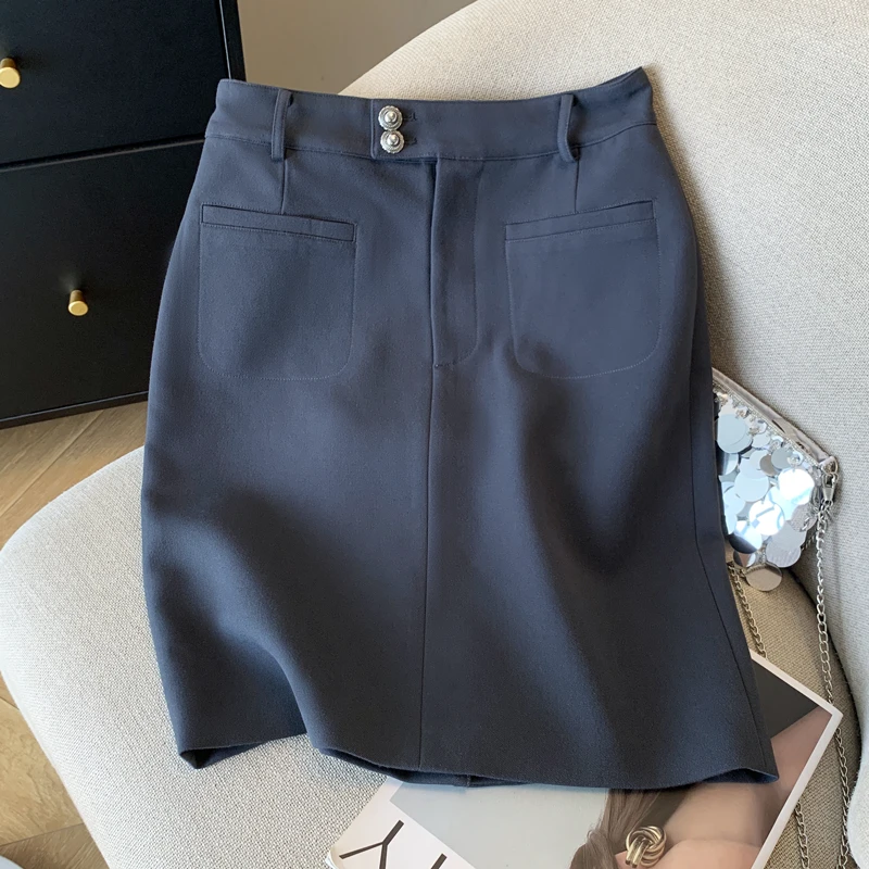 轻奢简约灰色优雅气质口袋半身裙时髦职场西装半裙2025新款短裙子