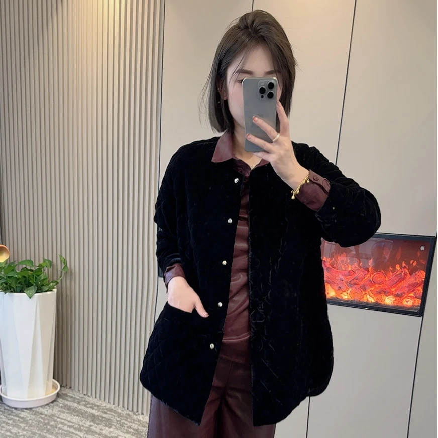 《桃熹》1566丝绒压格菱格高级感时尚洋气拼格加厚外套