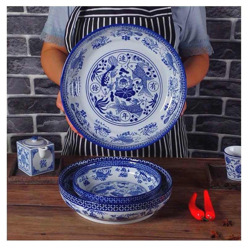 釉下彩仿古年年有鱼青花瓷大碗揉面盆水煮酸菜鱼碗凉咸菜特大号碗