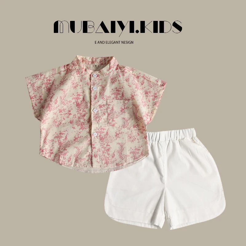 粉色碎花!男童短袖衬衫夏天上衣宝宝洋气夏装女童衬衣休闲宽松潮