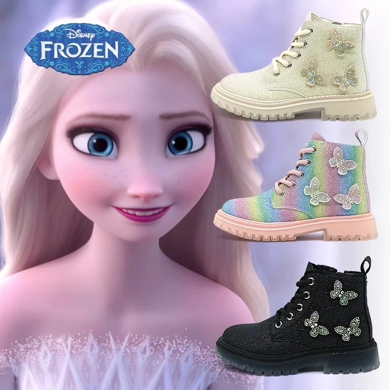 迪士尼冰雪奇缘女童马丁靴2023秋款女童中筒靴子英伦风儿童靴子女