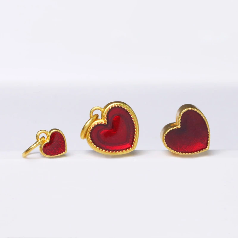 古法珐琅红色爱心吊坠时尚甜美简约足金小红心女DIY手绳纯银制品