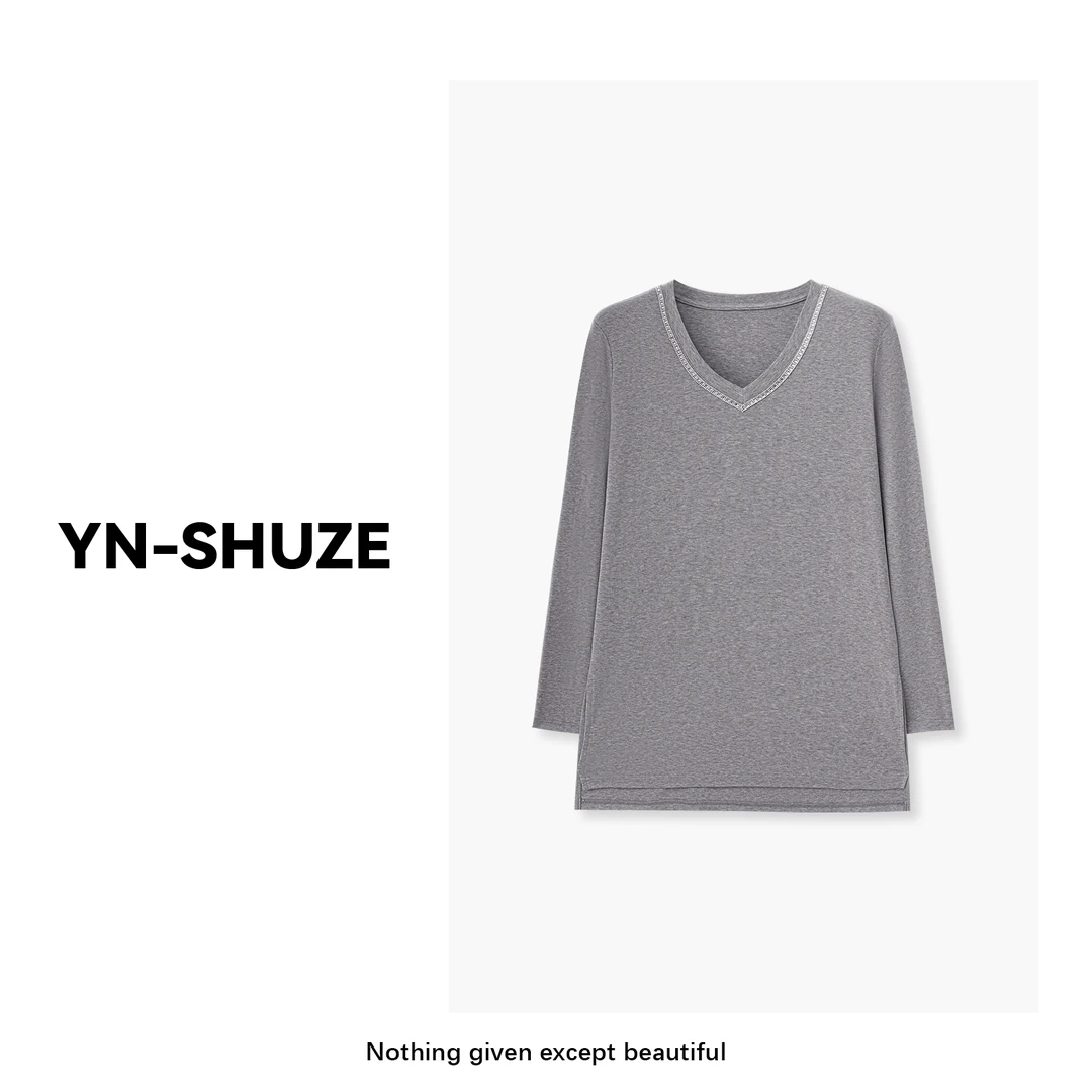 YN-SHUZE【望舒】百搭舒适嵌钻V领长袖打底上衣SZ-YNC-2024913