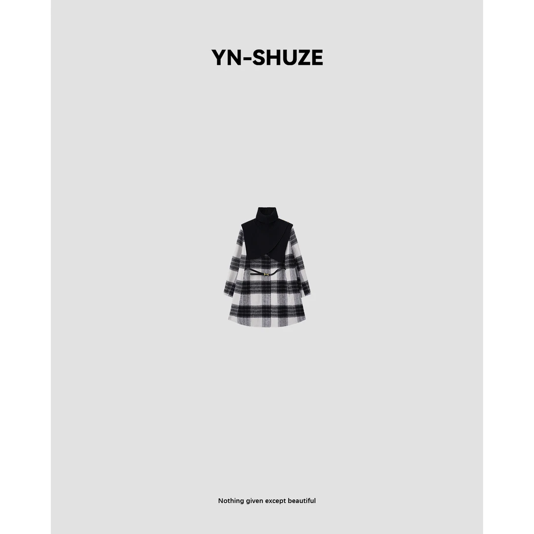 YN-SHUZE【黑白格调】黑白格拼接高领腰带大衣外套SZ-YNB-656237