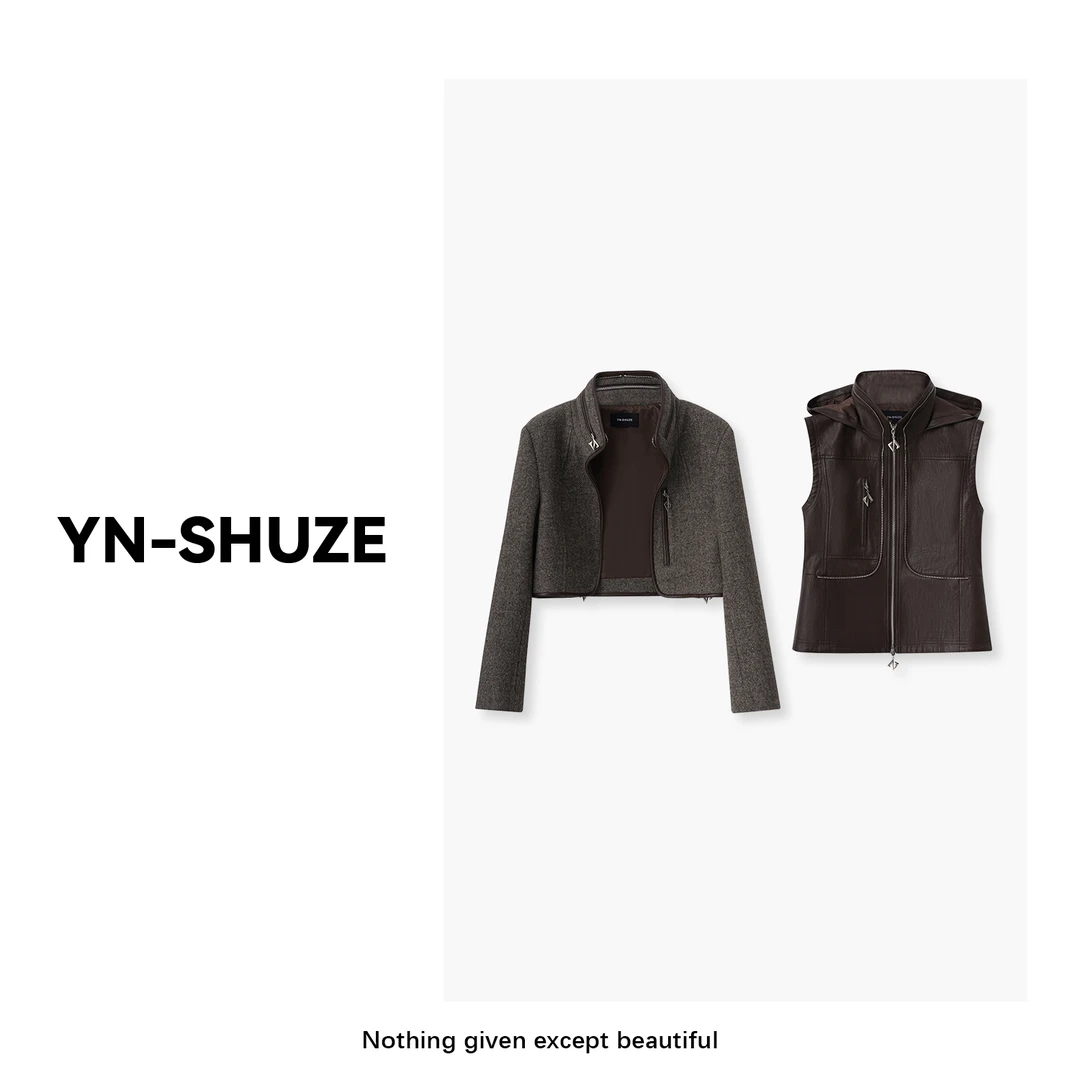 YN-SHUZE【栗壳皮衣】高定拼接连帽两件套大衣外套SZ-YNC-2024487