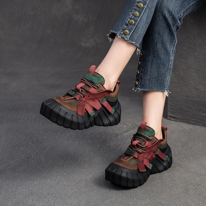 真皮复古女单鞋2025秋季新款松糕厚底软皮系带拼色时尚休闲老爹鞋