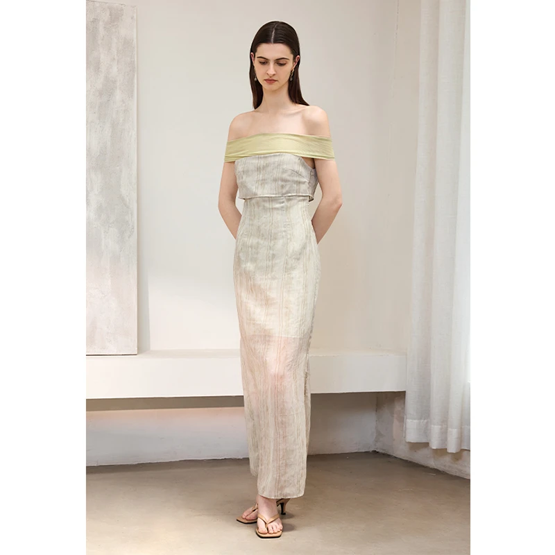 AEL原创一字领气质连衣裙2025夏法式优雅修身显瘦礼服裙A4BL120