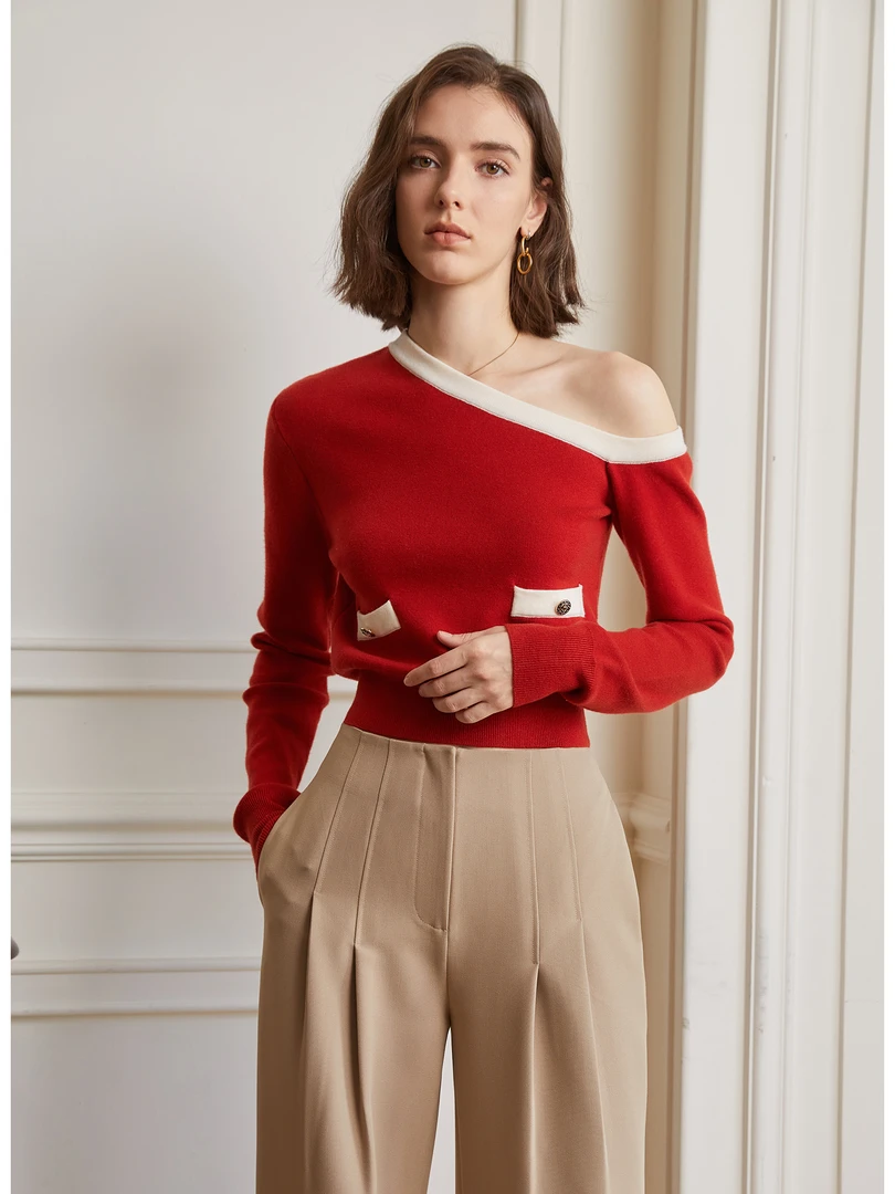 【售完不补】AEL圣诞战衣不规则一字露肩收腰短毛衣针织衫 22529