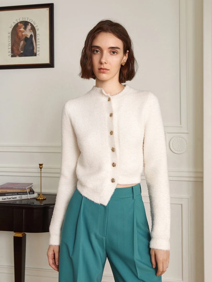 AEL_Studio原创设计感短款不规则毛呢美拉德修身针织开衫 23452