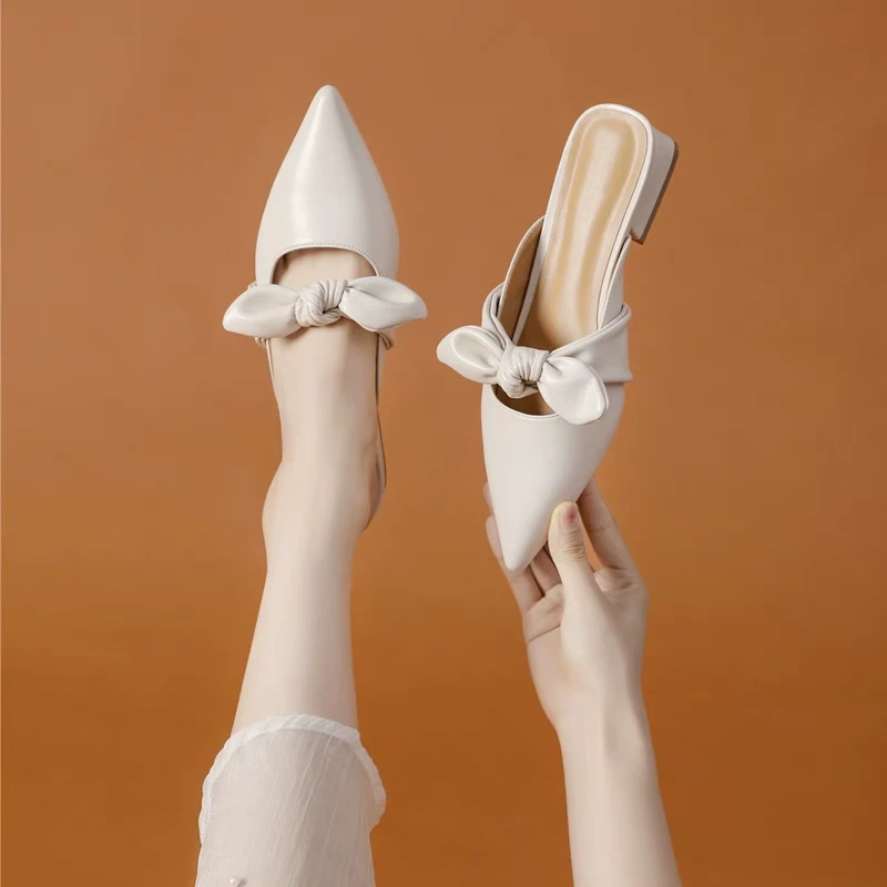 牛皮！蝴蝶结夏款粗跟厚底软底尖头内里羊皮休闲百搭时尚包头半托