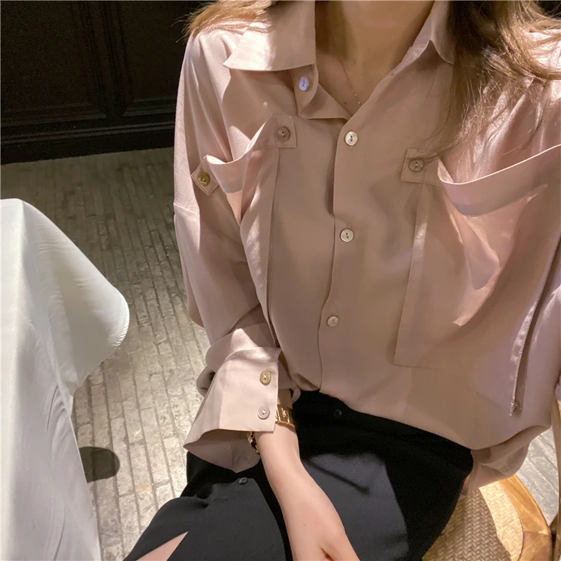 【BORAKOO】高档~ 珠光裸粉色大口袋娃娃款衬衫