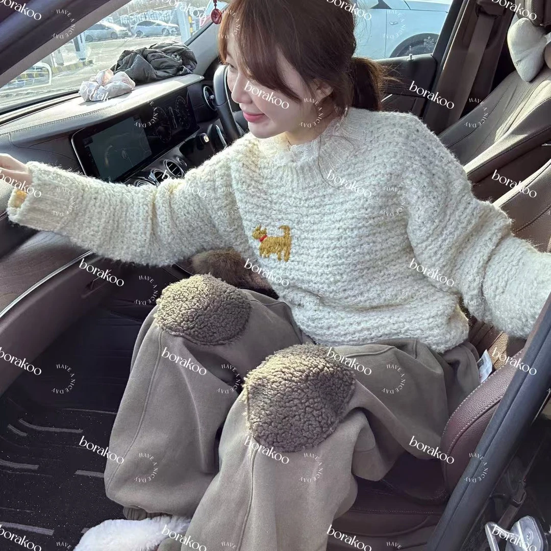 韩国【BORAKOO】东大门代购小狗刺绣颗粒针织毛衣