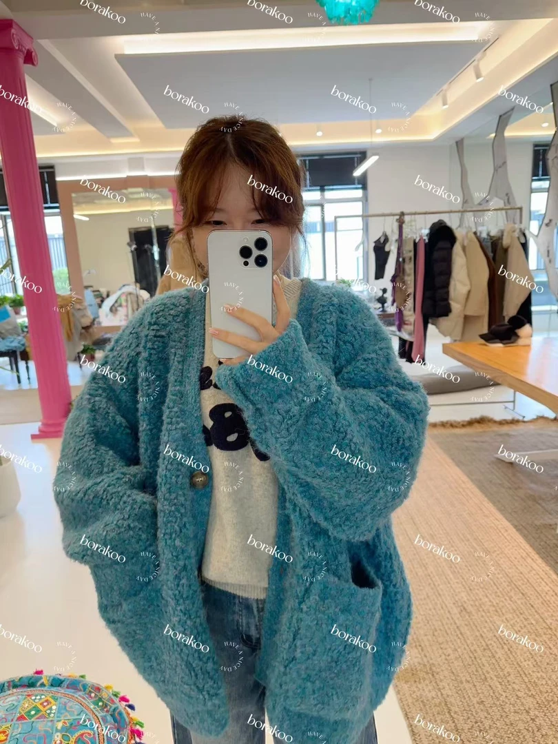 【BORAKOO】【现货】蓝/咖两色颗粒毛毛纽扣针织毛衣