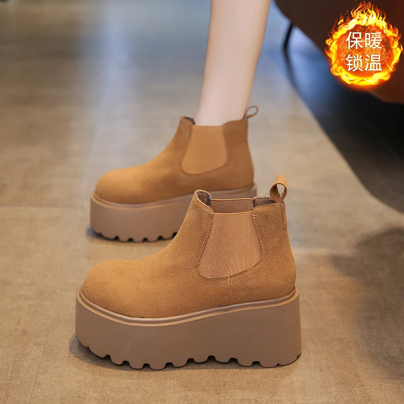 小个子松糕厚底8CM马丁靴女2024冬季新款加绒保暖棉鞋小码短靴子