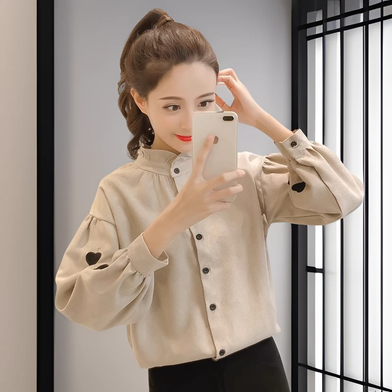 加绒爱心刺绣衬衫女秋冬立领长袖灯笼袖内搭打底上衣洋气衬衣