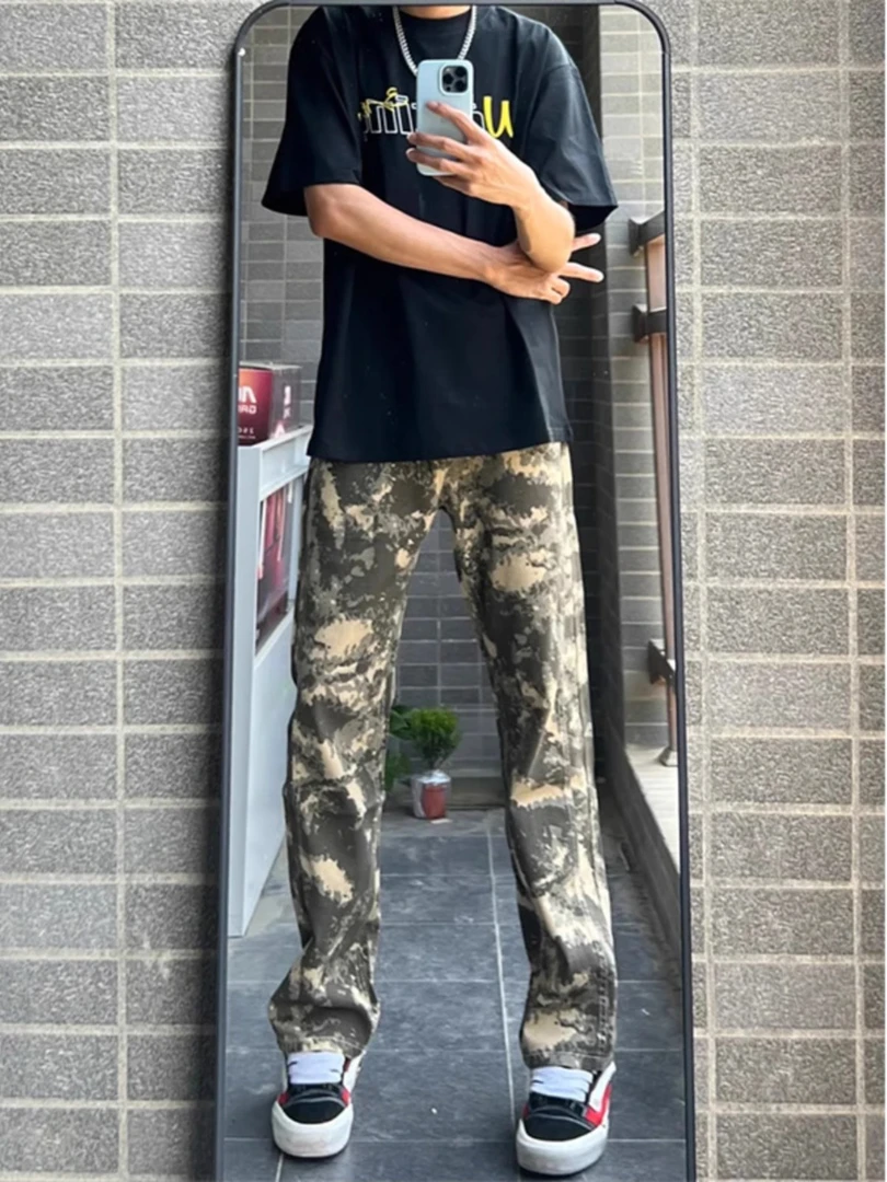 美式复古迷彩弯刀工装牛仔裤男款高街直筒休闲百搭做旧微喇长裤子